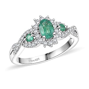 D'Joy Premium Kagem Zambian Emerald and Moissanite 1.00 ctw Eternal Love Ring in Rhodium Over Sterling Silver (Size 5.0)