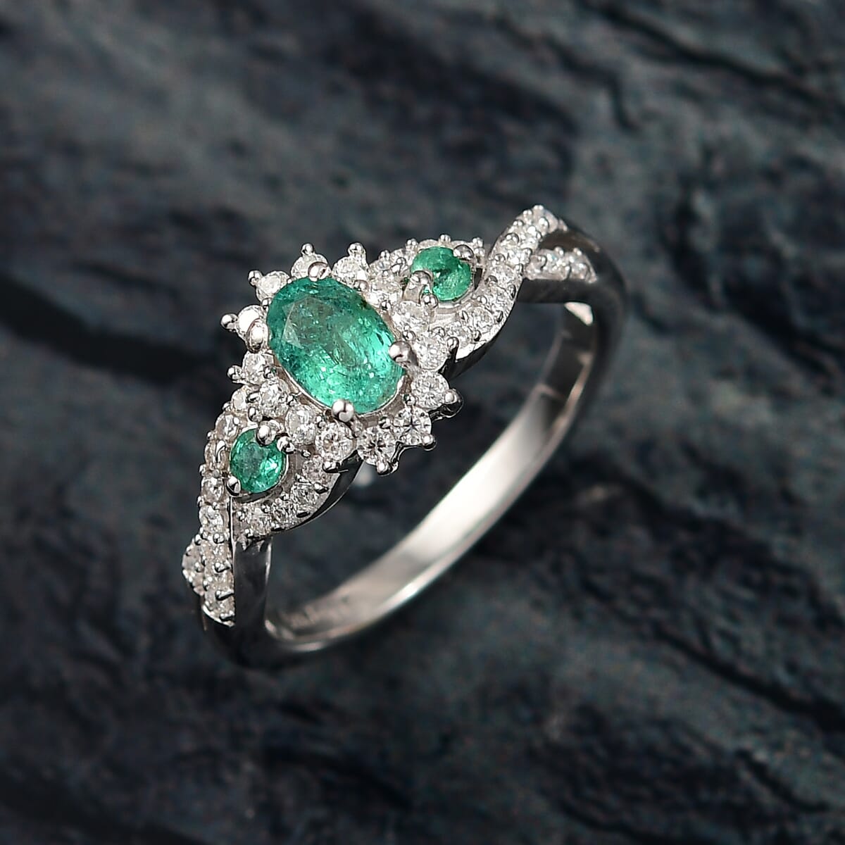 D'Joy Premium Kagem Zambian Emerald and Moissanite 1.00 ctw Eternal Love Ring in Rhodium Over Sterling Silver (Size 7.0) image number 1