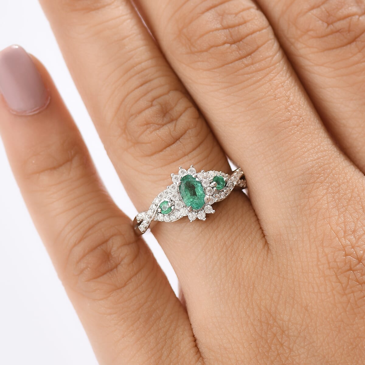 D'Joy Premium Kagem Zambian Emerald and Moissanite 1.00 ctw Eternal Love Ring in Rhodium Over Sterling Silver (Size 7.0) image number 2
