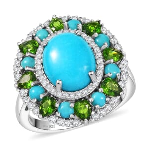 D'Joy Premium Sleeping Beauty Turquoise and Multi Gemstone 5.35 ctw Oasis Bloom Ring in Rhodium Over Sterling Silver (Size 10.0)