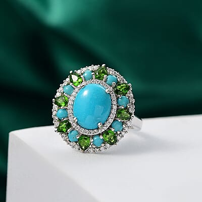 D'Joy Premium Sleeping Beauty Turquoise and Multi Gemstone 5.35 ctw Oasis Bloom Ring in Rhodium Over Sterling Silver (Size 10.0)
