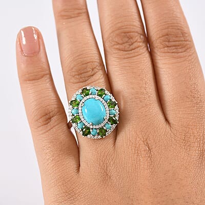 D'Joy Premium Sleeping Beauty Turquoise and Multi Gemstone 5.35 ctw Oasis Bloom Ring in Rhodium Over Sterling Silver (Size 10.0)
