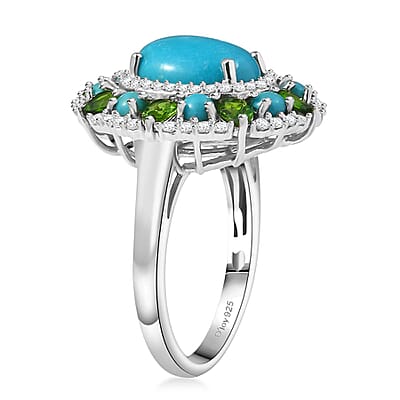 D'Joy Premium Sleeping Beauty Turquoise and Multi Gemstone 5.35 ctw Oasis Bloom Ring in Rhodium Over Sterling Silver (Size 10.0)