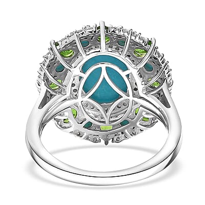 D'Joy Premium Sleeping Beauty Turquoise and Multi Gemstone 5.35 ctw Oasis Bloom Ring in Rhodium Over Sterling Silver (Size 10.0)