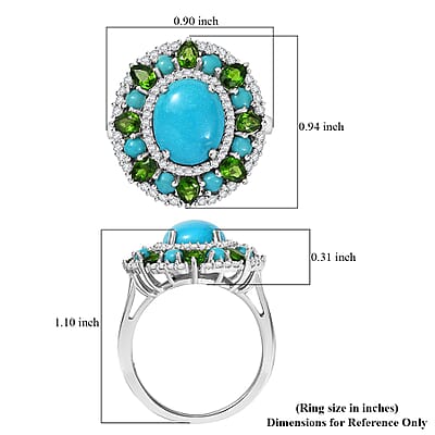 D'Joy Premium Sleeping Beauty Turquoise and Multi Gemstone 5.35 ctw Oasis Bloom Ring in Rhodium Over Sterling Silver (Size 10.0)