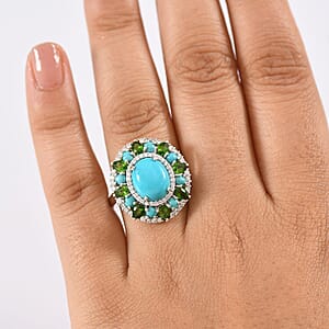D'Joy Premium Sleeping Beauty Turquoise and Multi Gemstone 5.35 ctw Oasis Bloom Ring in Rhodium Over Sterling Silver (Size 6.0)