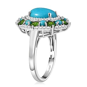 D'Joy Premium Sleeping Beauty Turquoise and Multi Gemstone 5.35 ctw Oasis Bloom Ring in Rhodium Over Sterling Silver (Size 6.0)