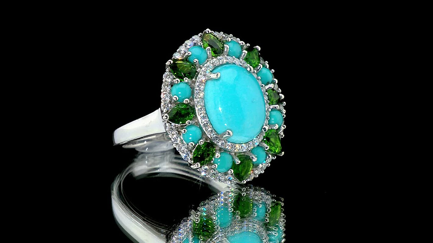 D'Joy Premium Sleeping Beauty Turquoise and Multi Gemstone 5.35 ctw Ring in Rhodium Over Sterling Silver (Size 10.0)