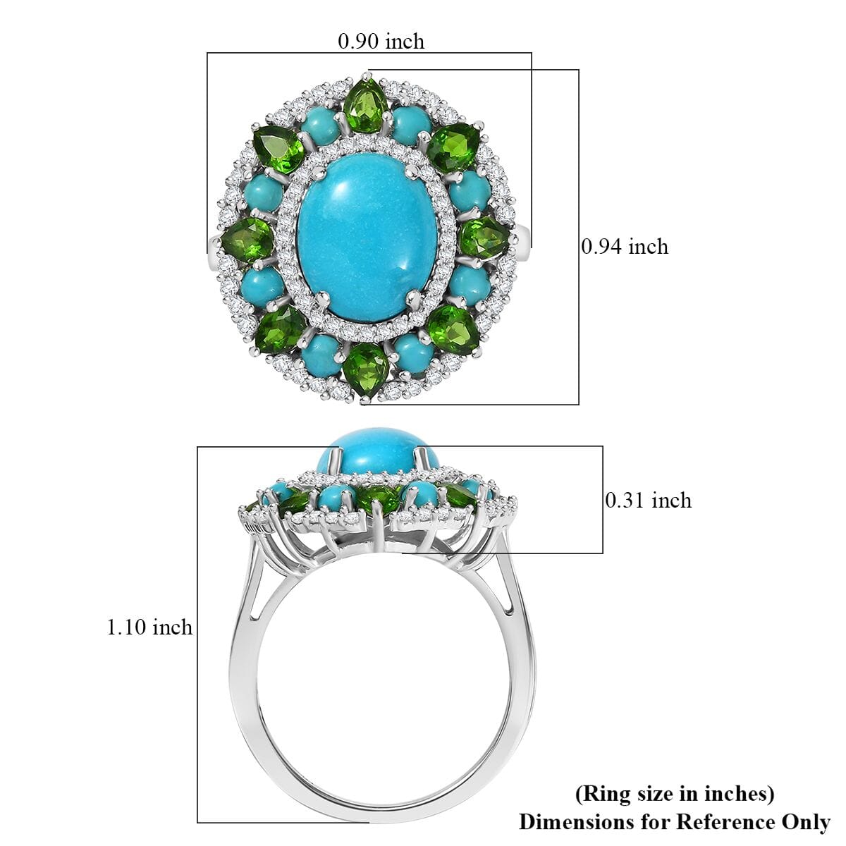D'Joy Premium Sleeping Beauty Turquoise and Multi Gemstone 5.35 ctw Oasis Bloom Ring in Rhodium Over Sterling Silver (Size 7.0) image number 5