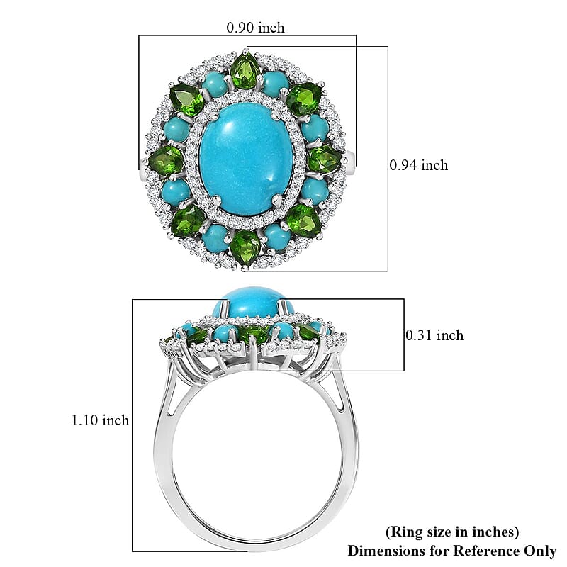 D'Joy Premium Sleeping Beauty Turquoise and Multi Gemstone 5.35 ctw Oasis Bloom Ring in Rhodium Over Sterling Silver (Size 7.0)