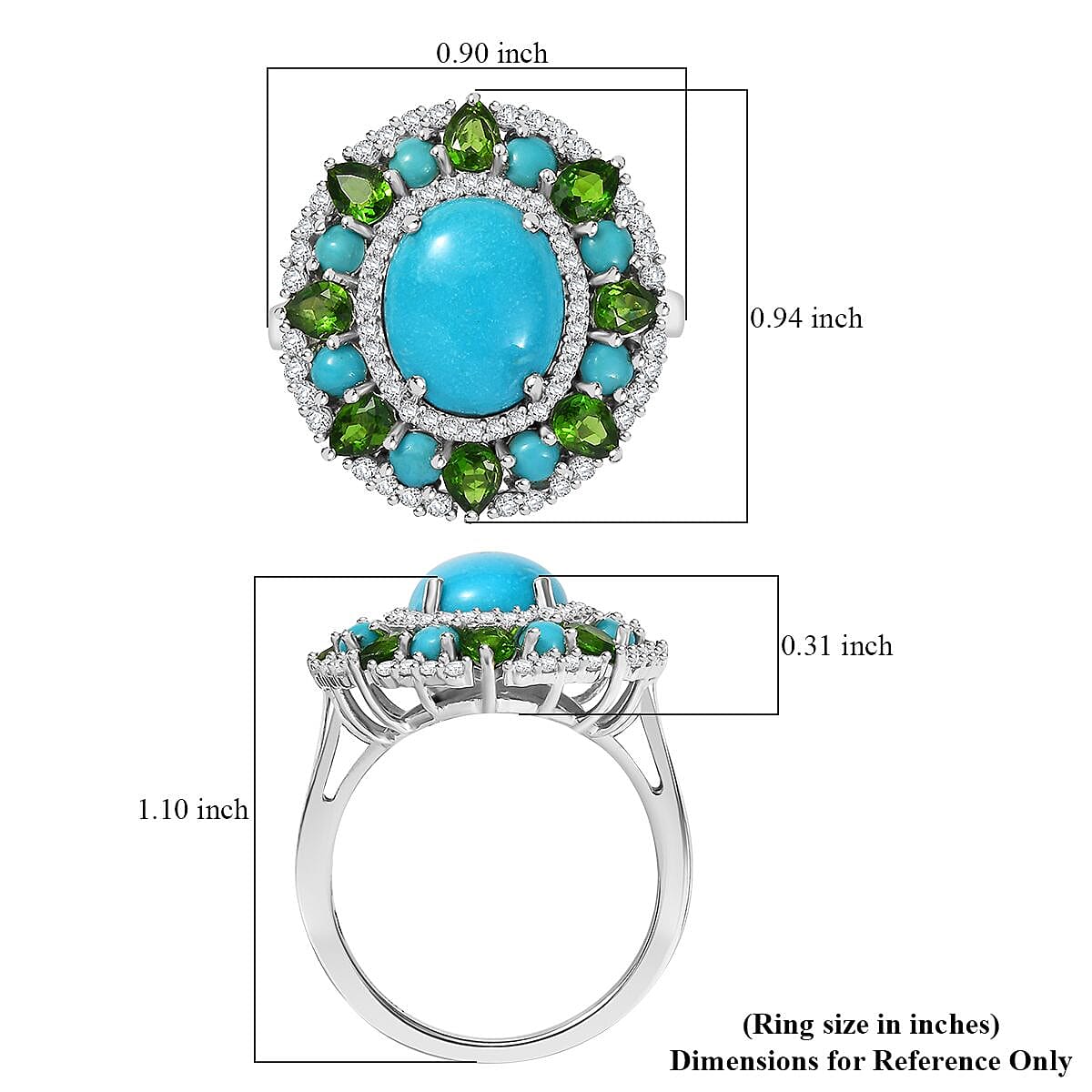 D'Joy Premium Sleeping Beauty Turquoise and Multi Gemstone 5.35 ctw Oasis Bloom Ring in Rhodium Over Sterling Silver (Size 9.0) image number 5