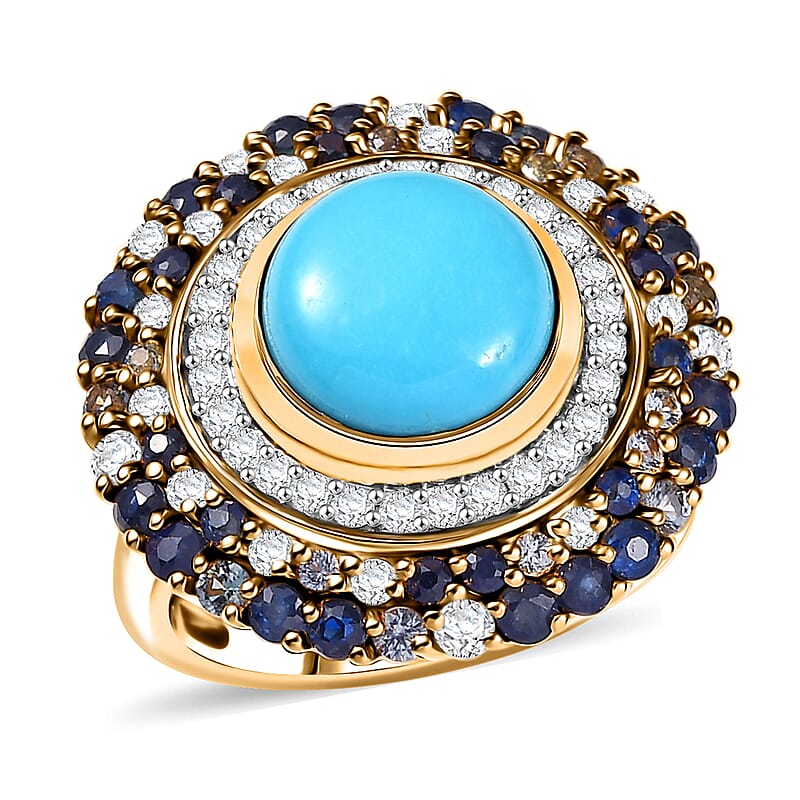 D'Joy Premium Sleeping Beauty Turquoise and Multi Gemstone 5.70 ctw Enchanted Bloom Ring in 18K Vermeil Yellow Gold Over Sterling Silver (Size 10.0)