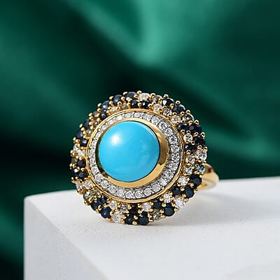 D'Joy Premium Sleeping Beauty Turquoise and Multi Gemstone 5.70 ctw Enchanted Bloom Ring in 18K Vermeil Yellow Gold Over Sterling Silver (Size 10.0)