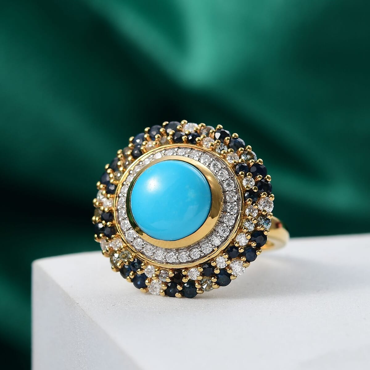 D'Joy Premium Sleeping Beauty Turquoise and Multi Gemstone 5.70 ctw Enchanted Bloom Ring in 18K Vermeil Yellow Gold Over Sterling Silver (Size 7.0) image number 1
