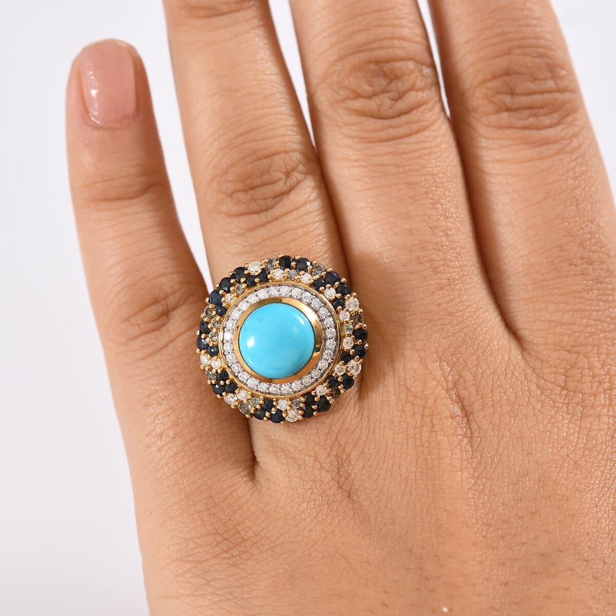 D'Joy Premium Sleeping Beauty Turquoise and Multi Gemstone 5.70 ctw Enchanted Bloom Ring in 18K Vermeil Yellow Gold Over Sterling Silver (Size 7.0) image number 2