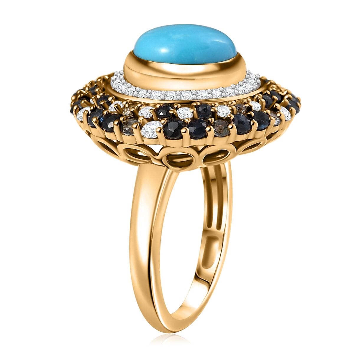 D'Joy Premium Sleeping Beauty Turquoise and Multi Gemstone 5.70 ctw Enchanted Bloom Ring in 18K Vermeil Yellow Gold Over Sterling Silver (Size 7.0) image number 3