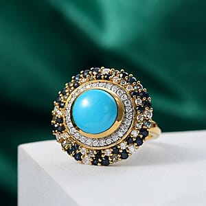 D'Joy Premium Sleeping Beauty Turquoise and Multi Gemstone 5.70 ctw Enchanted Bloom Ring in 18K Vermeil Yellow Gold Over Sterling Silver (Size 8.0)
