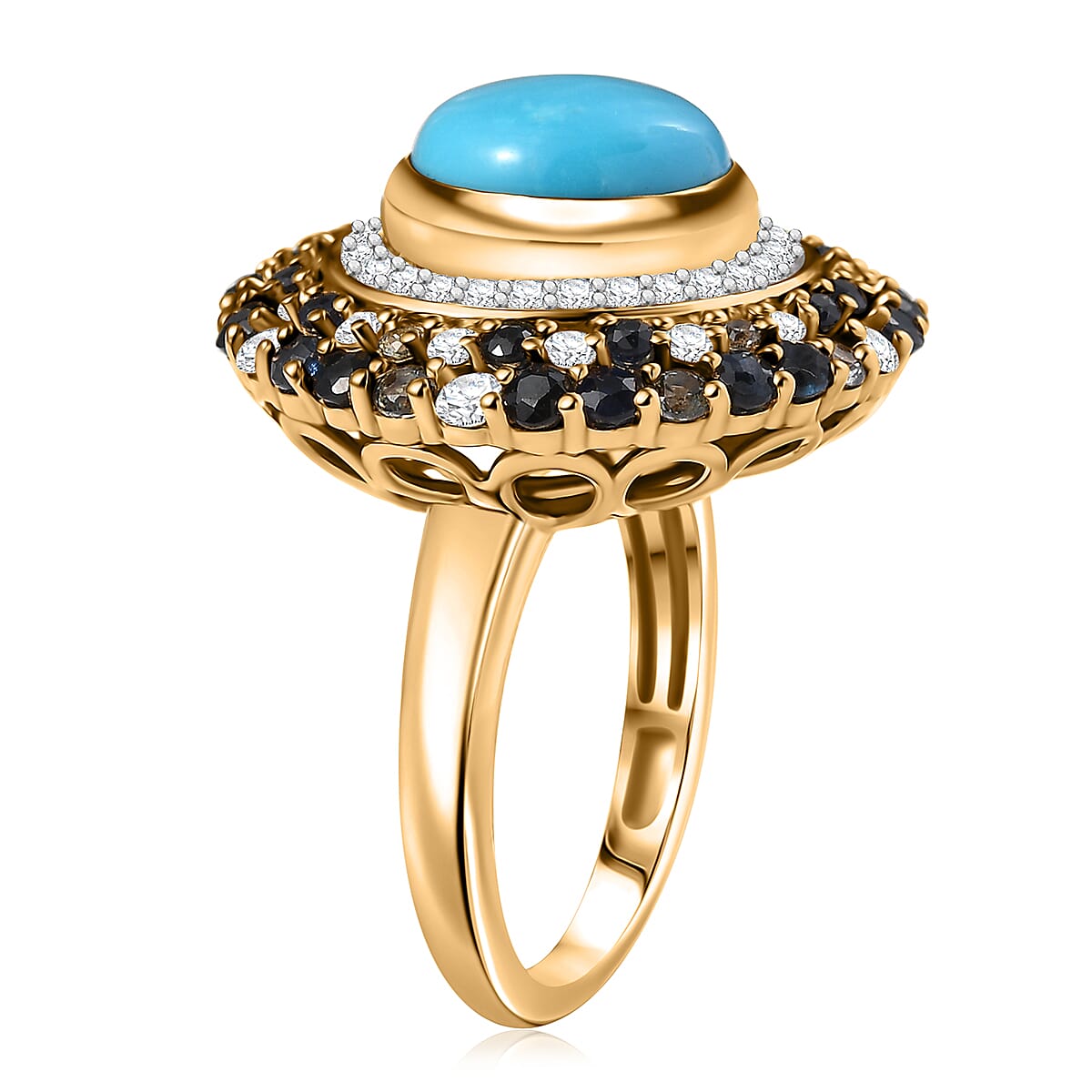 D'Joy Premium Sleeping Beauty Turquoise and Multi Gemstone 5.70 ctw Enchanted Bloom Ring in 18K Vermeil Yellow Gold Over Sterling Silver (Size 9.0) image number 3