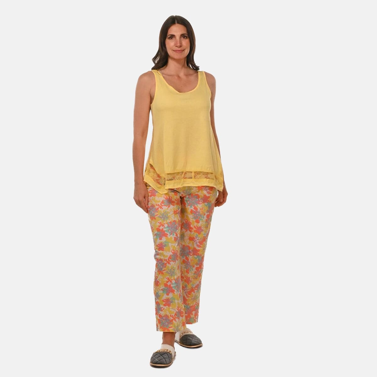 AMANDA PAIGE Yellow Floral Sleeveless Pajama Set with Lace Trim – 2X image number 0