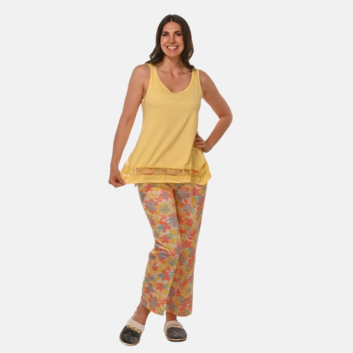 AMANDA PAIGE Yellow Floral Sleeveless Pajama Set with Lace Trim – 2X image number 3