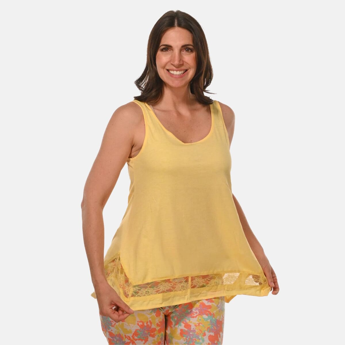 AMANDA PAIGE Yellow Floral Sleeveless Pajama Set with Lace Trim – 2X image number 4