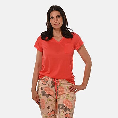 AMANDA PAIGE Coral Cap Hydrangea Floral Print Cap Sleeve Capri Pajama Set– Small