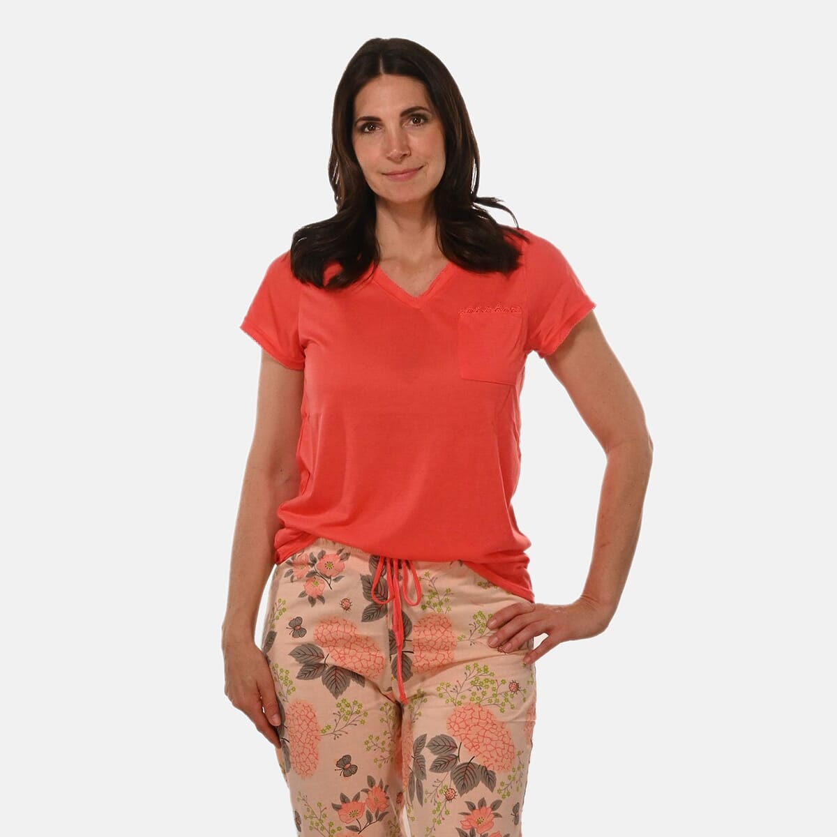 AMANDA PAIGE Coral Cap Hydrangea Floral Print Cap Sleeve Capri Pajama Set– 3X image number 3