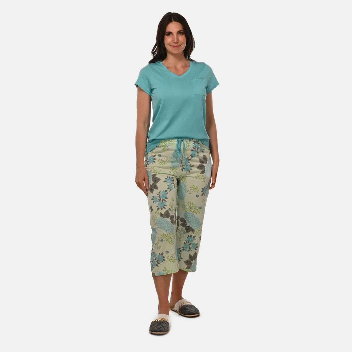 AMANDA PAIGE Aqua Cap Hydrangea Floral Print Cap Sleeve Capri Pajama Set– Small image number 0