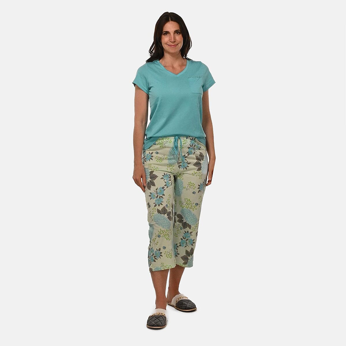 AMANDA PAIGE Aqua Cap Hydrangea Floral Print Cap Sleeve Capri Pajama Set– XLarge image number 0