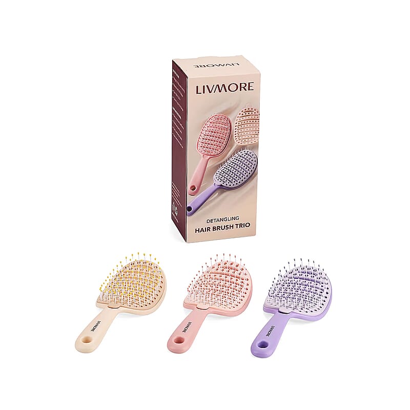 Livmore Set of 3pcs Pink, Purple and Cream White Self-Cleaning Hairbrushes