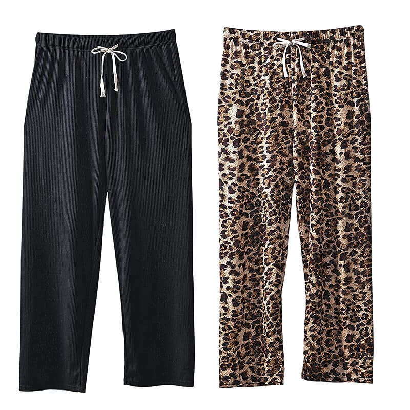 TAMSY Set of 2 Black and Leopard Polyester Lounge Pant with Drawstring - One Size Fits Most