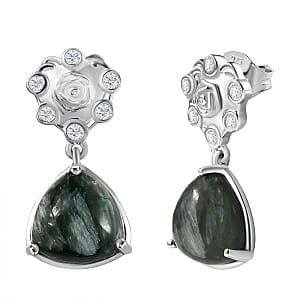 Siberian Seraphinite and White Zircon 7.80 ctw Earrings in Platinum Over Sterling Silver