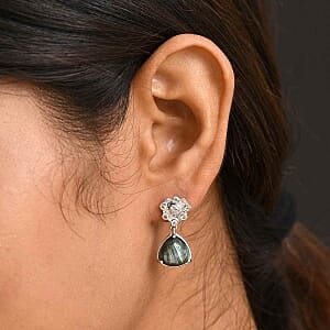 Siberian Seraphinite and White Zircon 7.80 ctw Earrings in Platinum Over Sterling Silver