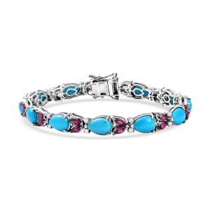 D'Joy Premium Sleeping Beauty Turquoise and Multi Gemstone 16.70 ctw Azure Bloom Bracelet in Rhodium Over Sterling Silver (7.25 In)