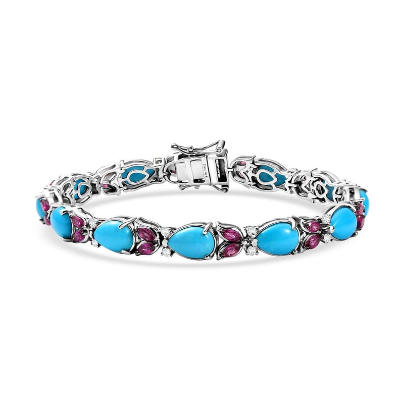 D'Joy Premium Sleeping Beauty Turquoise and Multi Gemstone 16.70 ctw Azure Bloom Bracelet in Rhodium Over Sterling Silver (7.25 In)