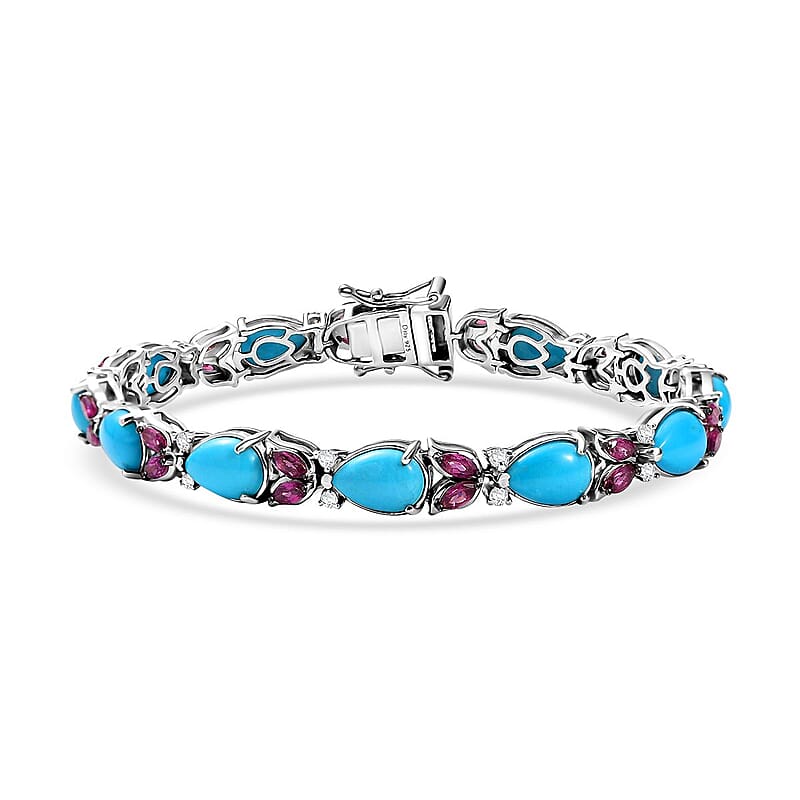 D'Joy Premium Sleeping Beauty Turquoise and Multi Gemstone 16.70 ctw Azure Bloom Bracelet in Rhodium Over Sterling Silver (7.25 In)