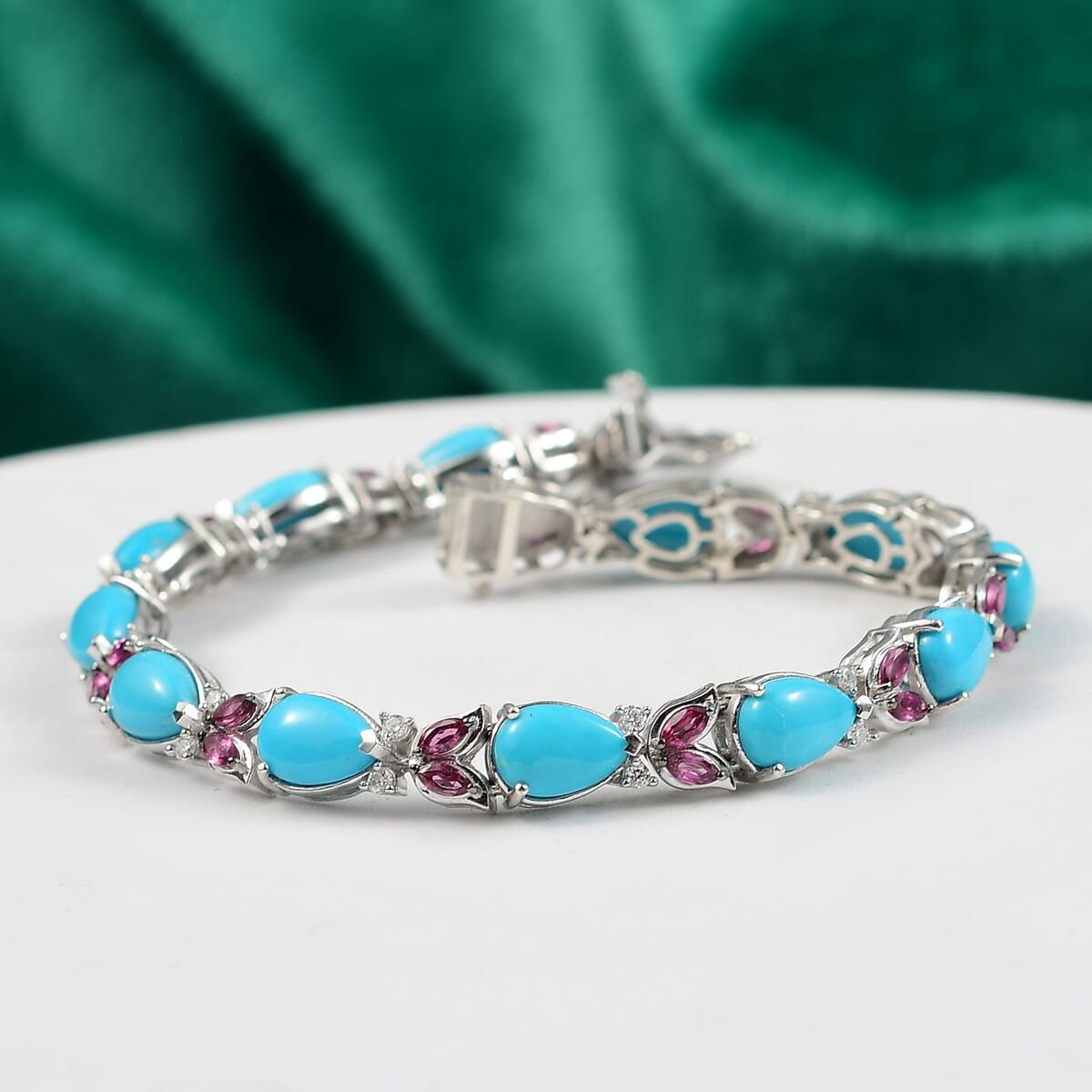 Epic Deal D'Joy Premium Sleeping Beauty Turquoise, Multi Gemstone Bracelet in Rhodium Over Sterling Silver (7.25 In) 16.70 ctw image number 1