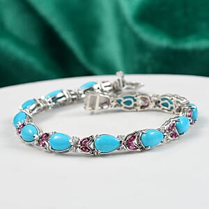 D'Joy Premium Sleeping Beauty Turquoise and Multi Gemstone 16.70 ctw Azure Bloom Bracelet in Rhodium Over Sterling Silver (7.25 In)