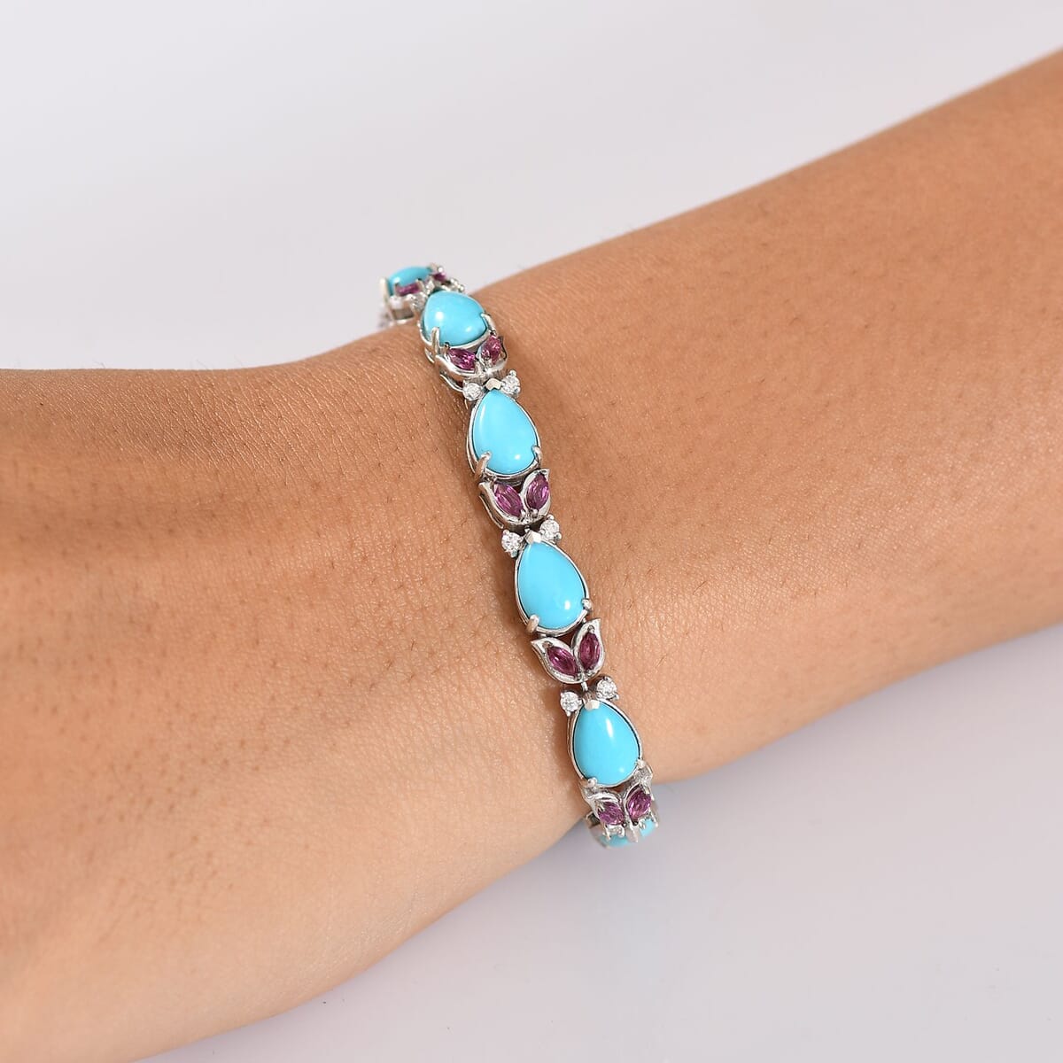 Epic Deal D'Joy Premium Sleeping Beauty Turquoise, Multi Gemstone Bracelet in Rhodium Over Sterling Silver (7.25 In) 16.70 ctw image number 2