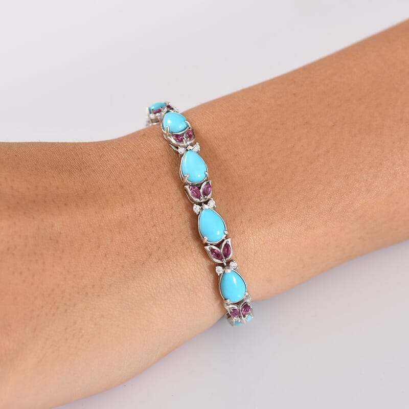 D'Joy Premium Sleeping Beauty Turquoise and Multi Gemstone 16.70 ctw Azure Bloom Bracelet in Rhodium Over Sterling Silver (7.25 In)
