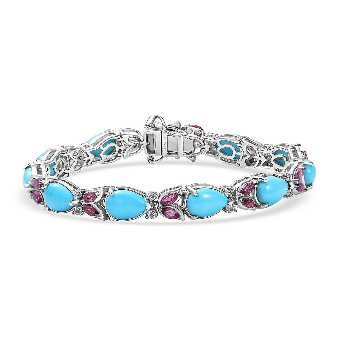 D'Joy Premium Sleeping Beauty Turquoise and Multi Gemstone 14.15 ctw Azure Bloom Bracelet in Rhodium Over Sterling Silver (6.50 In) image number 0
