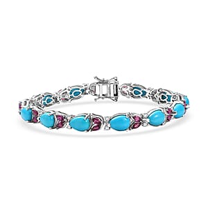 D'Joy Premium Sleeping Beauty Turquoise and Multi Gemstone 18.10 ctw Azure Bloom Bracelet in Rhodium Over Sterling Silver (8.00 In)