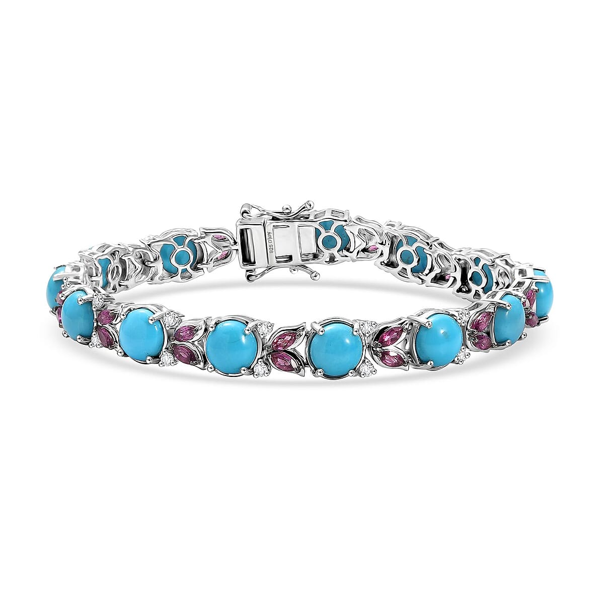 D'Joy Premium Sleeping Beauty Turquoise and Multi Gemstone 19.25 ctw Bracelet in Rhodium Over Sterling Silver (7.25 In) image number 0