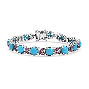 D'Joy Premium Sleeping Beauty Turquoise and Multi Gemstone 19.25 ctw Bracelet in Rhodium Over Sterling Silver (7.25 In)