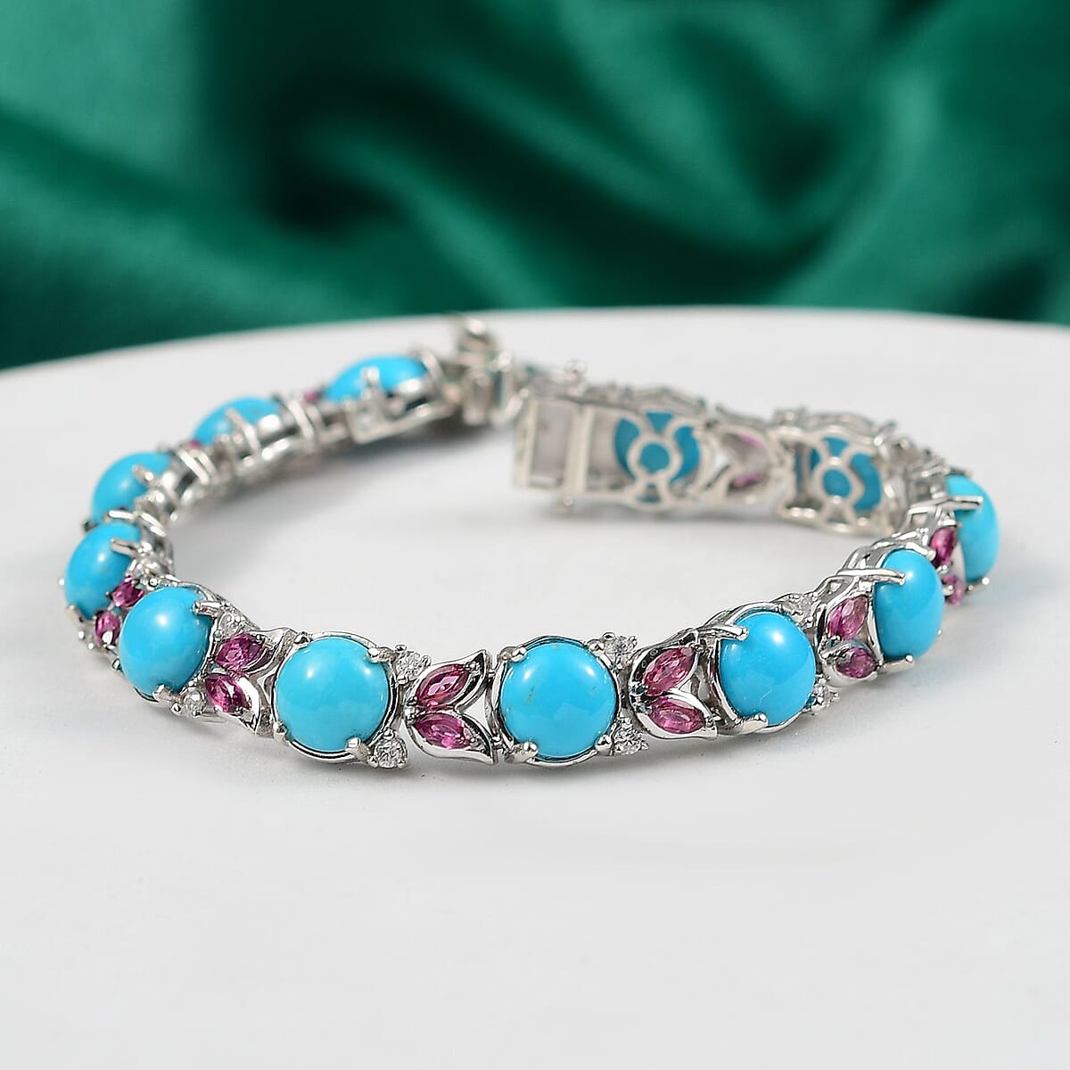 D'Joy Premium Sleeping Beauty Turquoise and Multi Gemstone 19.25 ctw Bracelet in Rhodium Over Sterling Silver (7.25 In) image number 1