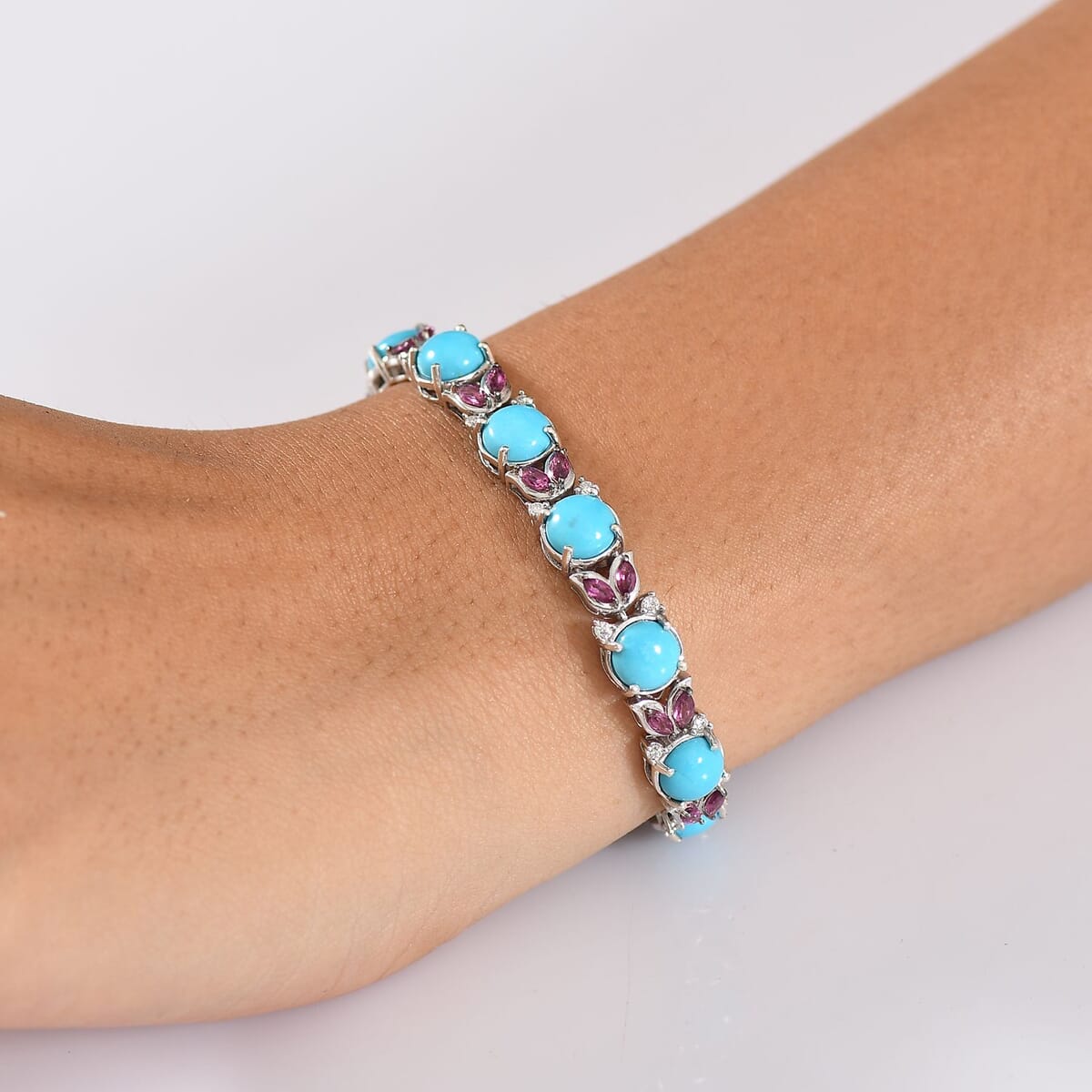 D'Joy Premium Sleeping Beauty Turquoise and Multi Gemstone 20.60 ctw Bracelet in Rhodium Over Sterling Silver (8.00 In) image number 1