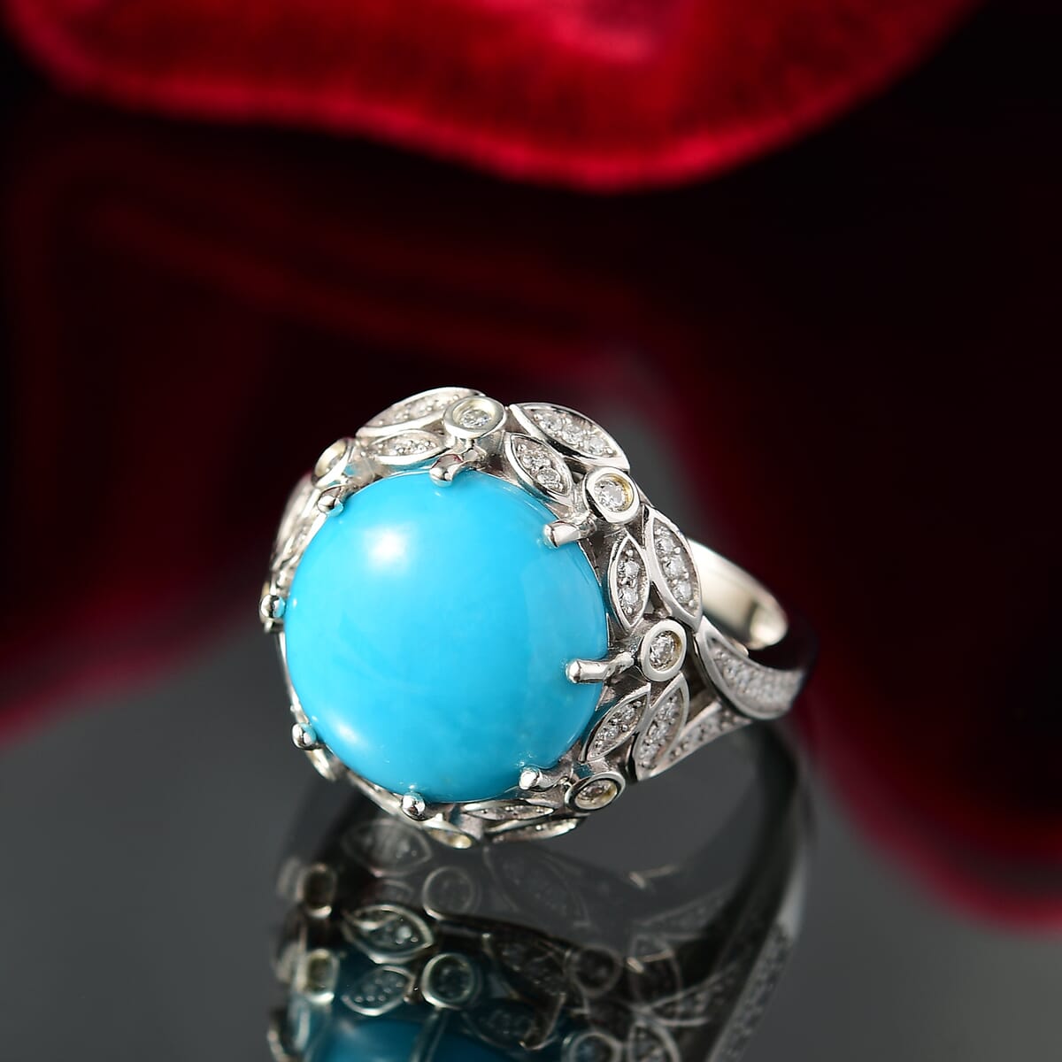 D'Joy Premium Sleeping Beauty Turquoise and Moissanite 7.15 ctw Whispering Leaves Ring in Rhodium Over Sterling Silver (Size 10.0) image number 1
