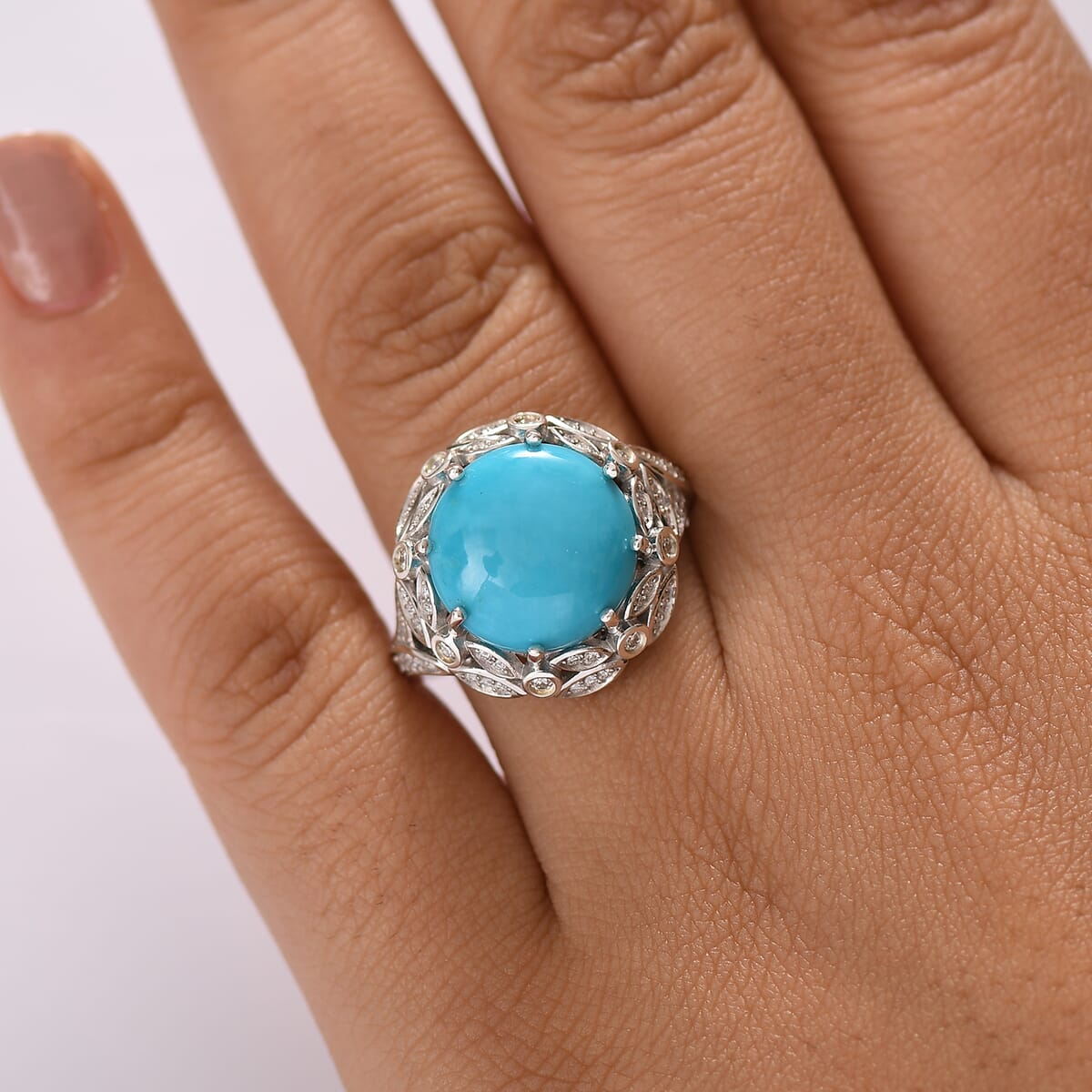 D'Joy Premium Sleeping Beauty Turquoise and Moissanite 7.15 ctw Whispering Leaves Ring in Rhodium Over Sterling Silver (Size 10.0) image number 2