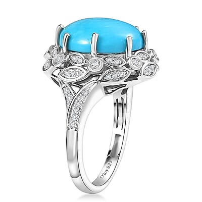 D'Joy Premium Sleeping Beauty Turquoise and Moissanite 7.15 ctw Whispering Leaves Ring in Rhodium Over Sterling Silver (Size 10.0)