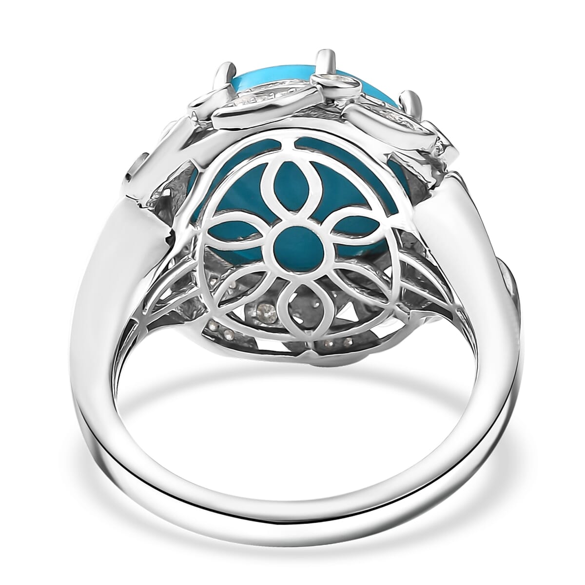 D'Joy Premium Sleeping Beauty Turquoise and Moissanite 7.15 ctw Whispering Leaves Ring in Rhodium Over Sterling Silver (Size 10.0) image number 4